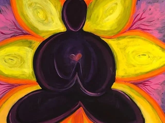 Painting of a meditating figure with a glowing heart, evoking body-based somatic therapy