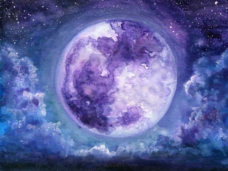 Watercolor full moon glowing through soft purple clouds, suggesting the calm of hypnotherapy